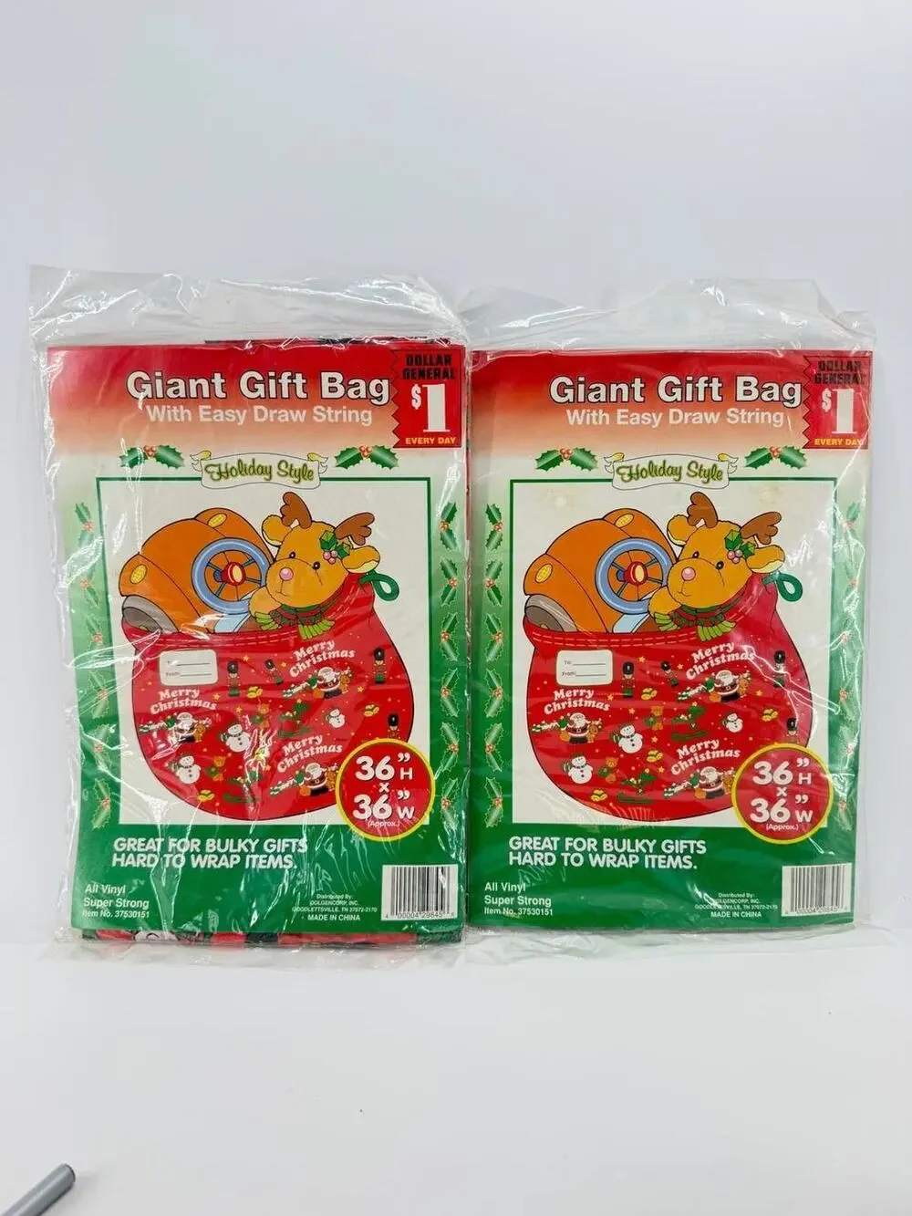 Vintage Holiday Style Giant Christmas Gift Bags 36x36 Drawstring NOS